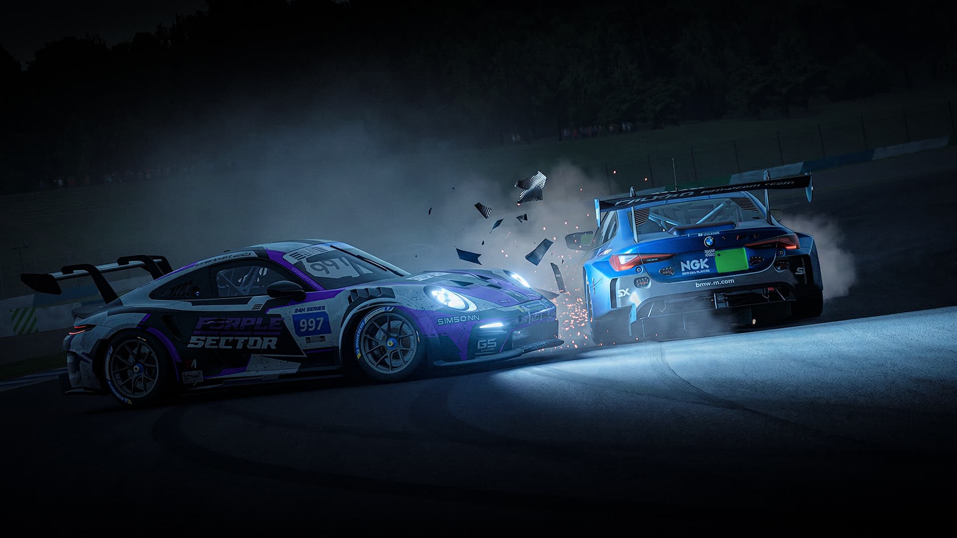 The moment of contact — Team Purplesector's #997 rejoin collects Falken Simracing Team's #44 BMW M4 GT3 on the racing line.